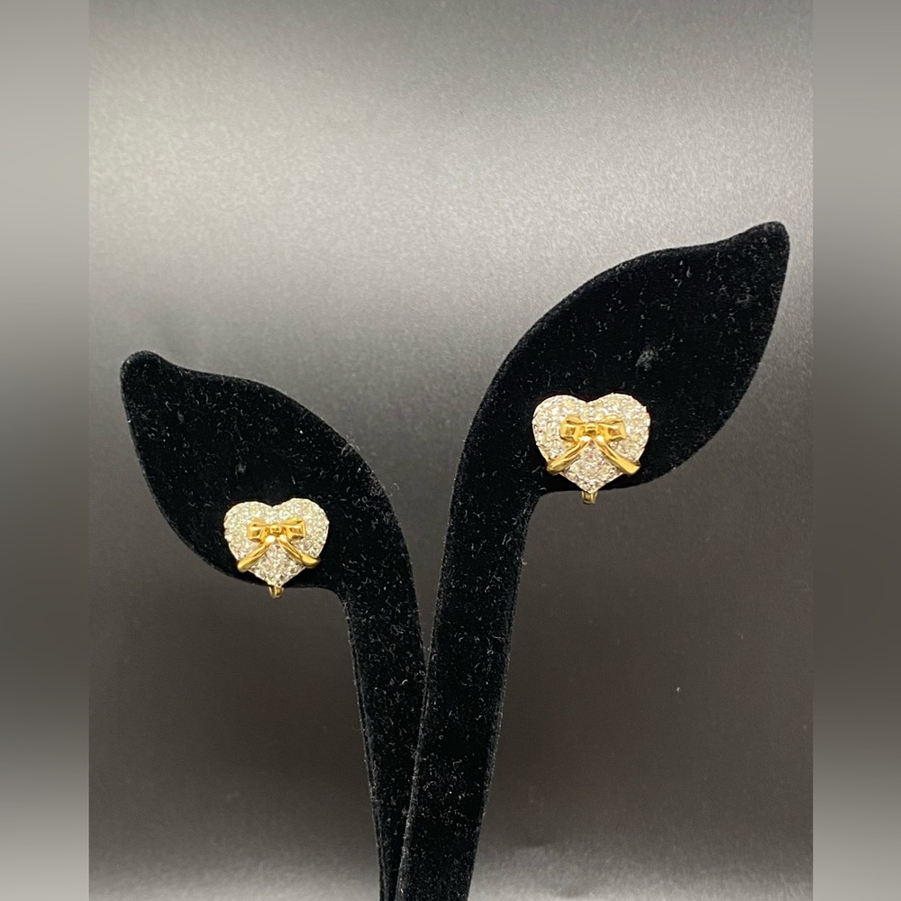 Nina Ricci Vintage Heart Bow Rhinestone Earrings Gold Tone Crystal Jewelry
